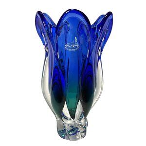 Vtg Art Glass Tulip Vase Blue Green Made in Poland Very Heavy Royal Gallery 9.5”